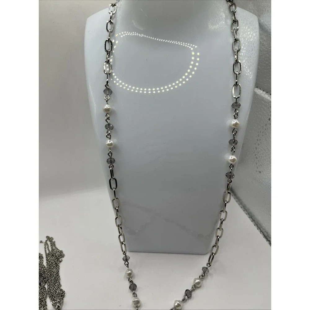 Premier Designs Pearlfection Elongated Silver Tone Chain Faux Pearls Tassels
